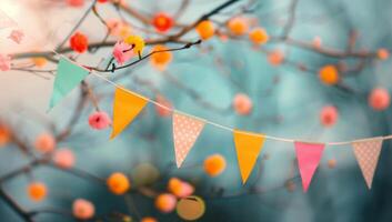 Colorful Bunting Flags Hanging in Tree photo