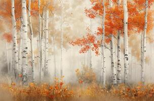 Birch Trees in Foggy Autumn Forest photo