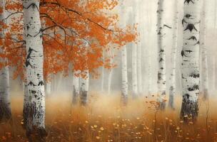 Birch Trees in Foggy Autumn Forest photo