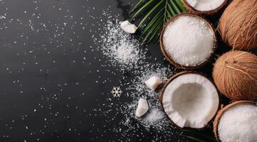 Coconut Halves With Flakes on Black Surface photo