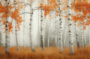 Birch Trees in Foggy Autumn Forest photo