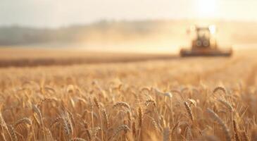 Combine Harvester in a Wheat Field at Sunset photo