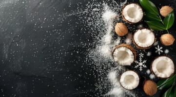 Coconut Halves With Flakes on Black Surface photo