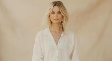 Woman in White Shirt Against Beige Background photo