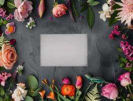 Blank Card Surrounded by Flowers and a Chameleon photo