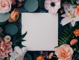 Blank Card Surrounded by Flowers and a Chameleon photo