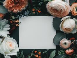 Blank Card Surrounded by Flowers and a Chameleon photo