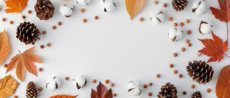 Autumnal Pinecones, Cotton, and Leaves on White Background photo