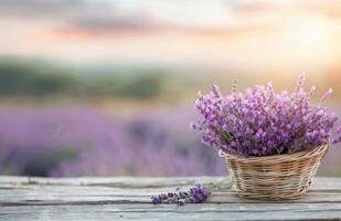 Lavender Bouquet in a Basket on a Wooden Table photo