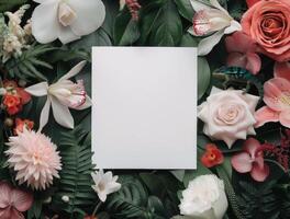 Blank Card Surrounded by Flowers and a Chameleon photo