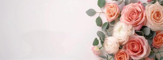 Pink and White Roses With Eucalyptus on White Background photo