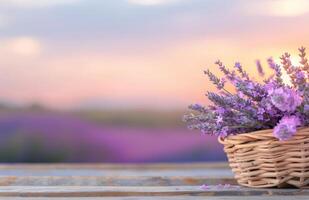 Lavender Bouquet in a Basket on a Wooden Table photo