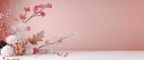 Autumnal Floral Arrangement on Pink Background photo
