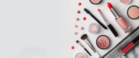 Makeup Brushes and Products on White Background photo