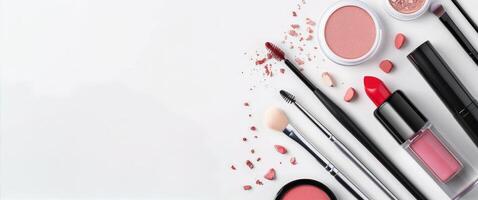 Makeup Brushes and Products on White Background photo