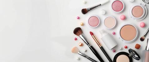 Makeup Brushes and Products on White Background photo