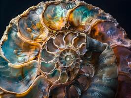 Captivating Fossilized Ammonite Macro Photography with Luminous Mineral Deposits and Baroque Aesthetic photo
