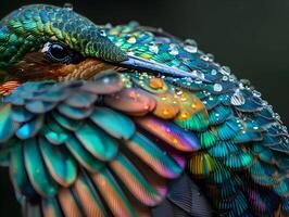 Hummingbird Feather Photograph with Iridescent Colors and Water Droplets photo