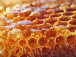 Ultra Detailed Honeycomb with Glistening Honey Droplets and Blurred Bees in the Background photo