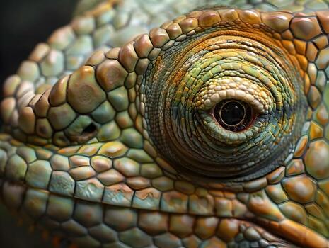 Close up of a Chameleon s Vibrant Textured Skin with Piercing Reptilian Eyes and Intricate Color changing Chromatophores photo