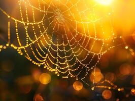 Enchanting Macro Capture of Dew Covered Spider Web at Sunrise with Radiant Light Refractions photo