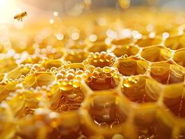 Close Up of Honeycomb s Intricate Wax Cells with Glistening Honey Droplets and Blurred Bees in Background photo