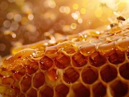 Ultra detailed Close up of Radiant Golden Honeycomb with Glistening Honey Droplets and Blurred Industrious Bees photo