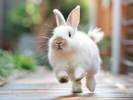 Adorable White Rabbit Running Across Wooden Floor in Minimalist Studio Setting photo