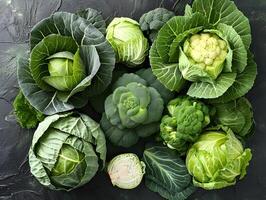Assortment of Fresh and Vibrant Green Cabbage Vegetables for Healthy Culinary Creations photo