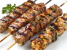 Roasted Meat Skewers Tender Pork and Chicken Kebabs Glazed with Savory Marinade Charred Edges and Juicy Interior Mouthwatering Culinary Still Life photo