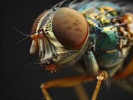 Macro Photograph of Housefly with Vivid Details of Compound Eyes and Iridescent Wing Veins photo