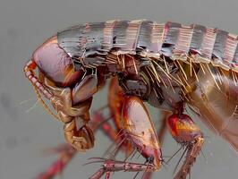 Extreme Close Up of a Blood Sucking Flea with Intricate Exoskeleton and Segmented Body on Neutral Gray Studio Backdrop photo