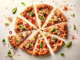Tempting and Savory Pizza Slices with Diverse Toppings Arranged Against a Simple Backdrop photo