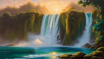 Majestic Waterfall Cascading Cliffs in Lush Forest Landscape photo