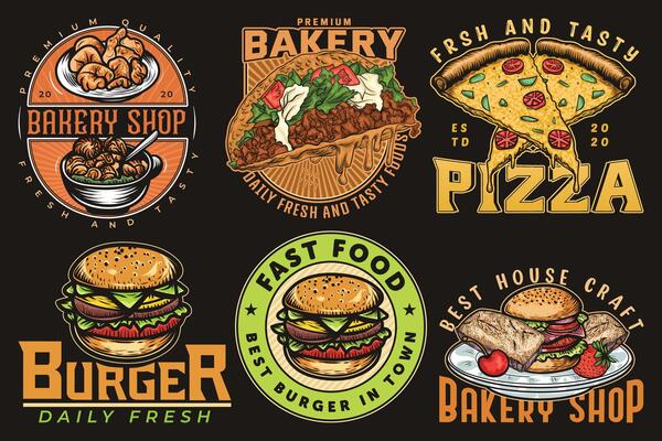 Bakery vintage colorful logotype collection for restaurant or cafe fast food