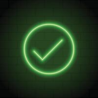 Check mark in neon style. Green tick check mark. Retro sign with glowing neon. illustration vector