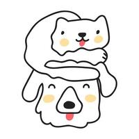 Cat sit on dog's head. Funny illustration. Outline icon graphic design on white background. vector