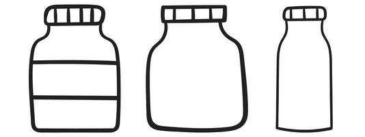 Three glass bottles. Outline isolated icons. illustrations on white background. vector