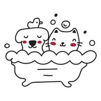 Cat dog and duck taking a bath. outline illustration on white background. vector