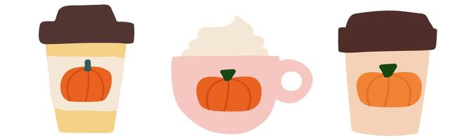 Pumpkin spice latte. Collection of cozy cups and mug. Flat design. Hand drawn illustration on white background. vector