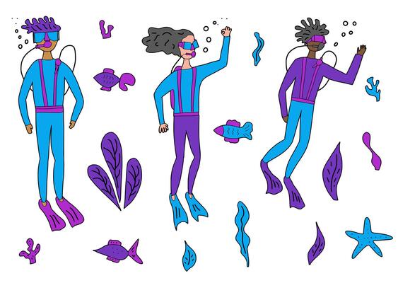 Divers with underwater fish and plant. set.