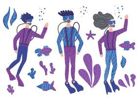 Divers with underwater fish and plant. set. vector