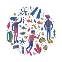 Divers with underwater fish and plant. set. vector