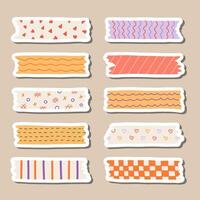 Cute sticker set of washi tape stripes with squiggle, geometry and abstract pattern for planners, notebooks. Ready for print list of stickers with cartoon adhesive scotch tape with ragged edges. vector