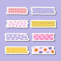 Cute sticker set of washi tape stripes with squiggle, geometry and abstract pattern for planners, notebooks. Ready for print list of stickers with cartoon adhesive scotch tape with ragged edges. vector