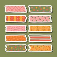 Cute sticker set of washi tape stripes with squiggle, geometry and abstract pattern for planners, notebooks. Ready for print list of stickers with cartoon adhesive scotch tape with ragged edges. vector