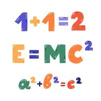 Cute cartoon set with lettering of physical and mathematical formulas. Concept of back to school. E equals MC squared, 1 plus 1 equals 2, A plus B equals C. Hand drawn clipart isolated on white. vector