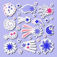 Big set of stickers of star dust, spiral twinkle cloud, falling star for planners, notebooks. Ready for print list of cute stickers. Sparkling magical lights, comet shower in hand drawn cartoon style. vector