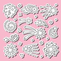 Big doodle set of stickers of falling star dust, spiral twinkle cloud for planners, notebooks. Ready for print list of cute stickers. Sparkling magical stardust, comet shower with hand drawn outline vector