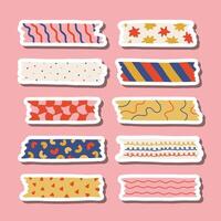 Cute sticker set of washi tape stripes with squiggle, geometry and abstract pattern for planners, notebooks. Ready for print list of stickers with cartoon adhesive scotch tape with ragged edges. vector